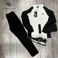 مجموعة ملابس جولف BOSS - بولو أبيض وسترة سوداء وبنطال