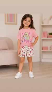 طقم ملابس صيفي بناتي بطبعة باربي (Barbie)