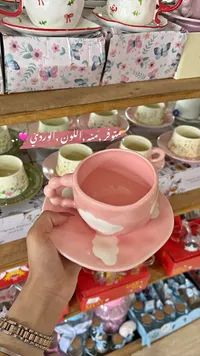 طقم أكواب وصحون وردي