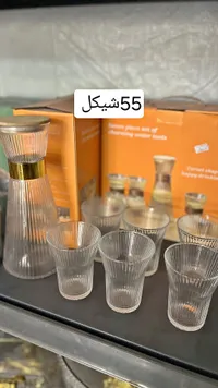 طقم أباريق وأكواب زجاجية مضلعة - 7 قطع - سوق غزة