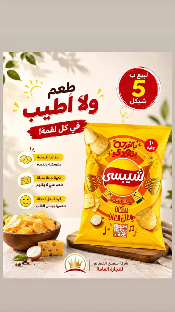 شيبسي بنكهة الجبنة المتبلة - شركة سعدي القصاص - مواد غذائية وبقالة - سوق غزة
