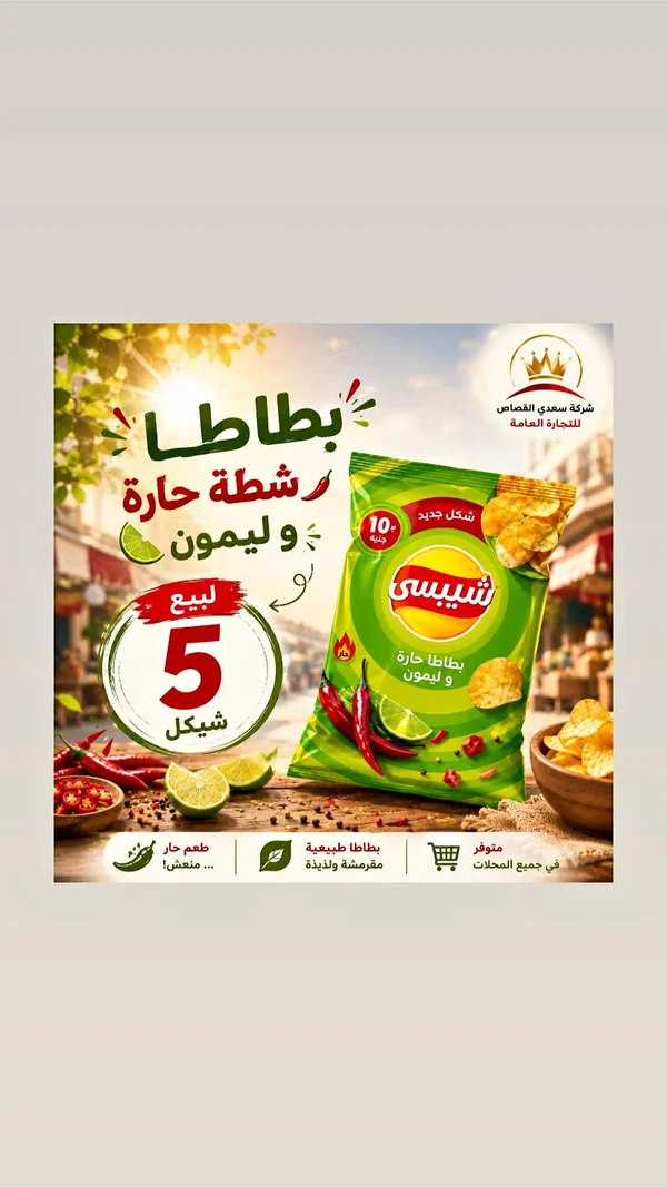 شيبسي بطاطا حارة وليمون - شركة سعدي القصاص - مواد غذائية وبقالة - سوق غزة