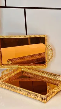 صينية تقديم مستطيلة بمرآة ذهبية