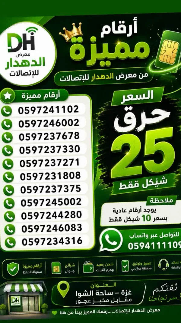 أرقام مميزة وشرائح جوال - معرض الدهدار للاتصالات - جوالات - سوق غزة