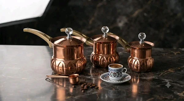 طقم  قهوة تركية (3 قطع بتصميم مطرق) - أدوات منزلية - سوق غزة