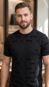تيشيرت رجالي أسود بنقشة شعار بوس (Boss)