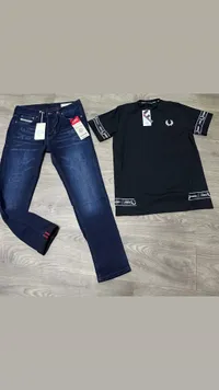 طقم ملابس رجالي صيفي - بنطال جينز وتيشرت فريد بيري (Fred Perry)
