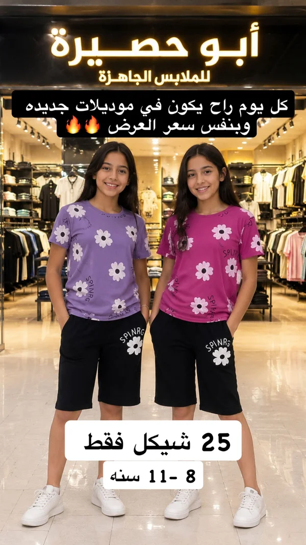 طقم صيفي بناتي بوردات - أبو حصيرة - ملابس أطفال - سوق غزة