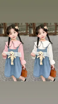 فستان أطفال بتصميم دنيم مع دب (بدون علامة تجارية)