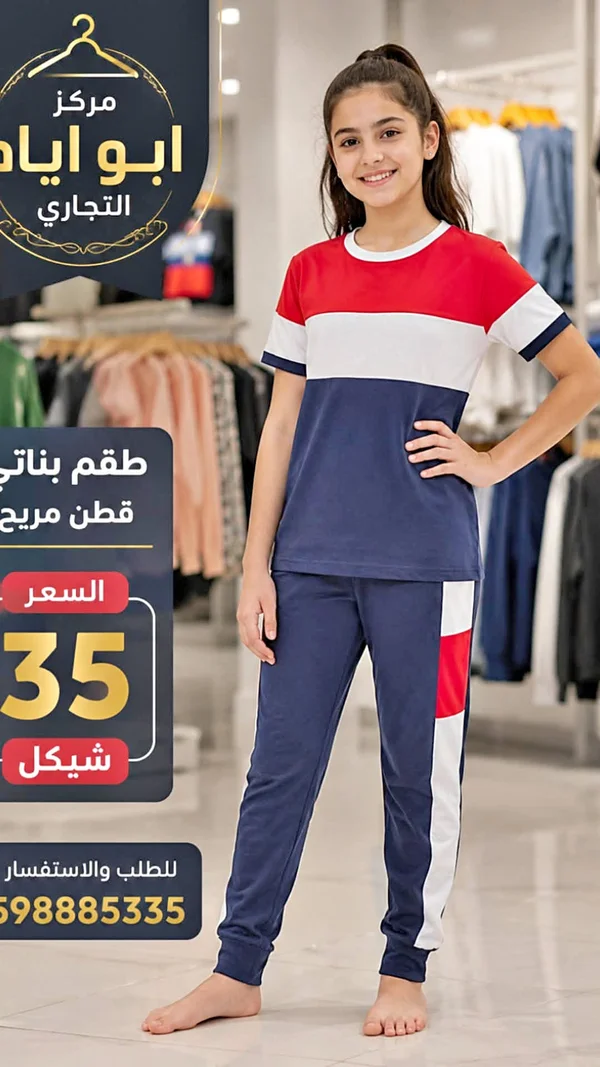 طقم بناتي قطني مريح - مركز أبو إياد التجاري - ملابس أطفال - سوق غزة