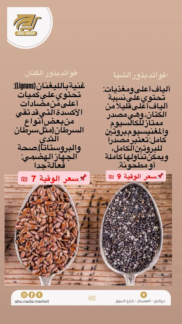 بذور الكتان وبذور الشيا - أبو ندى - مواد غذائية وبقالة - سوق غزة