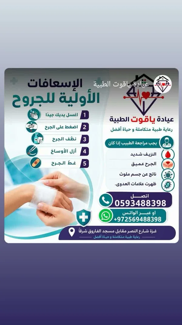 خدمات الإسعافات الأولية للجروح - عيادة ياقوت الطبية - خدمات صحية - سوق غزة