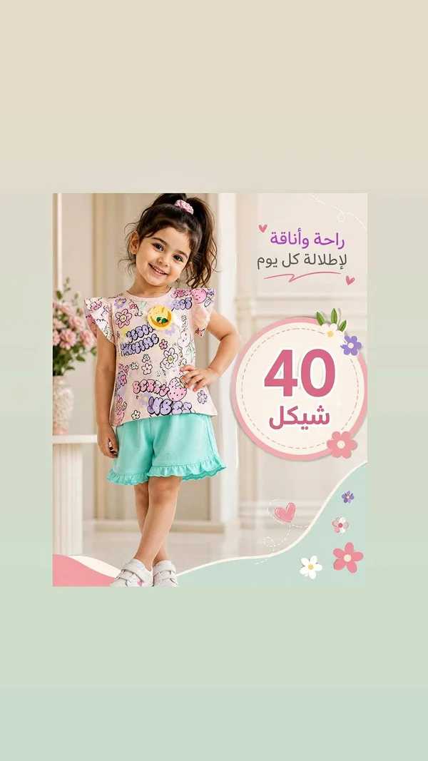 طقم ملابس صيفي للبنات - بلوزة مشجرة وشورت - ملابس أطفال - سوق غزة