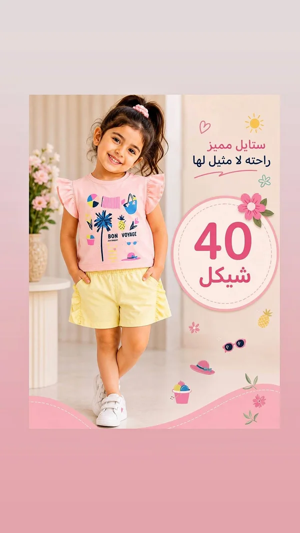 طقم صيفي بناتي بون فوياج - ملابس أطفال - سوق غزة