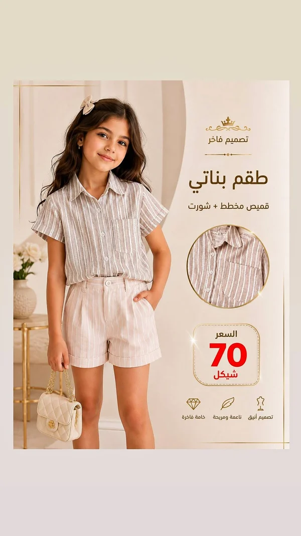 طقم بناتي صيفي مخطط - قميص وشورت - ملابس أطفال - سوق غزة