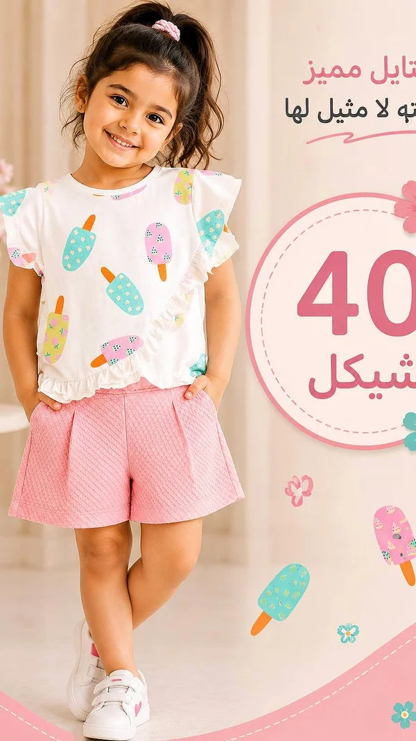 طقم صيفي بناتي بطبعة الآيس كريم - ملابس أطفال - سوق غزة