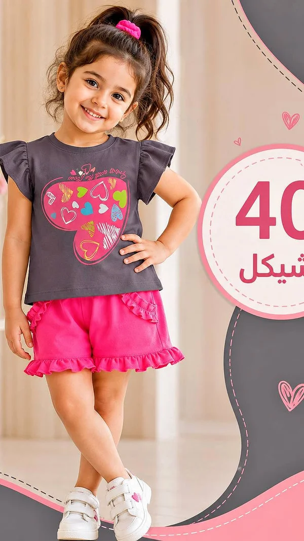 طقم صيفي بناتي بقلب ملون - ملابس أطفال - سوق غزة