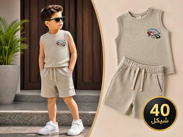 طقم صيفي للأولاد - تيشيرت بدون أكمام وشورت - ملابس أطفال - سوق غزة