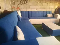 طقم كنب زاوية عصري - أزرق وأبيض