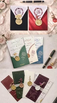 مجموعة بطاقات دعوة الزفاف الفاخرة مع الأختام الذهبية