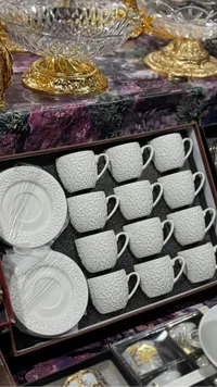 طقم فناجين قهوة سيراميك أبيض بنقوش