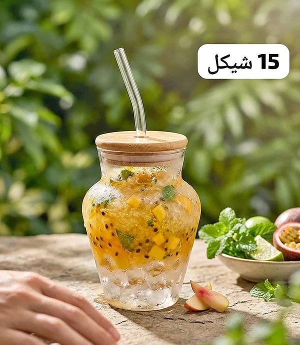 كوب زجاجي مع غطاء بامبو وماصة - أدوات منزلية - سوق غزة