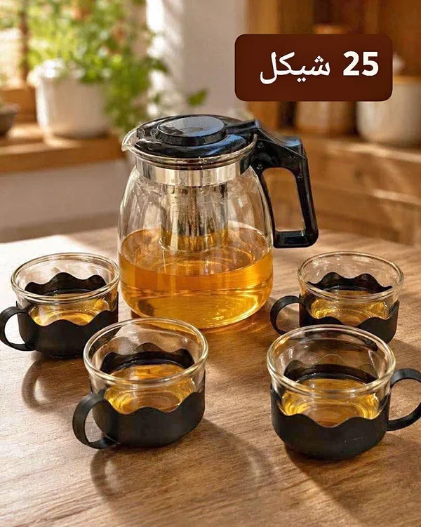 طقم أكواب شاي مع إبريق زجاجي - أدوات منزلية - سوق غزة
