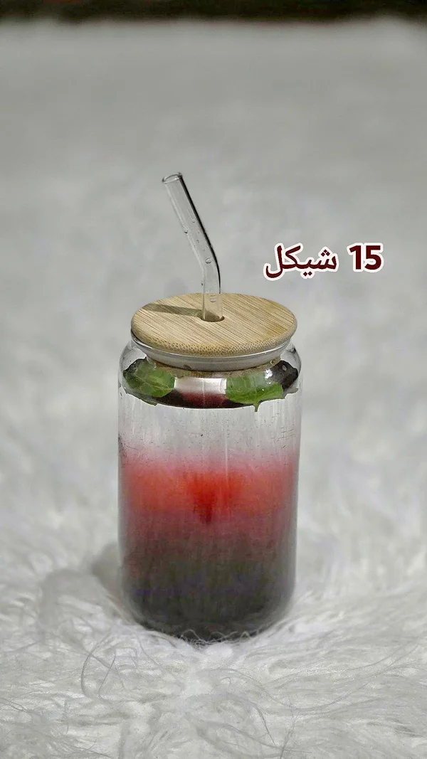 كوب زجاجي مع ماصة وغطاء بامبو - أدوات منزلية - سوق غزة