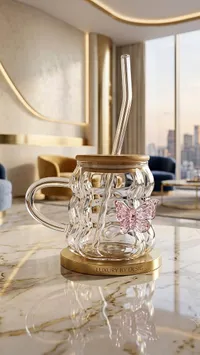 كوب زجاجي مع ماصة بتصميم فراشة (Luxury by Design)