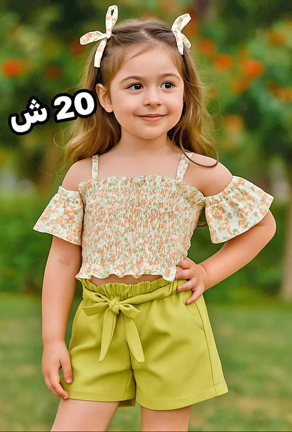 طقم بناتي صيفي - بلوزة شورت (بدون علامة تجارية) - ملابس أطفال - سوق غزة