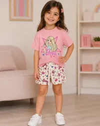 طقم ملابس صيفي بناتي بطبعة باربي (Barbie)