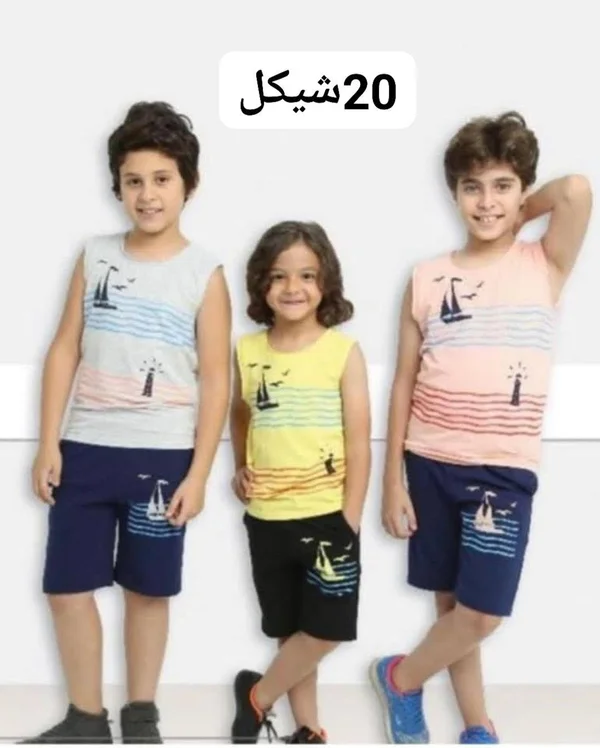 طقم صيفي للأطفال - تيشيرت وشورت بنقشة بحرية - ملابس أطفال - سوق غزة