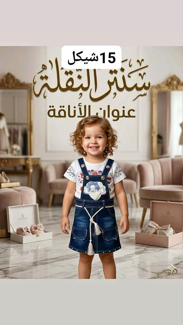 طقم تنورة جينز مع بلوزة - سنتر النقلة - ملابس أطفال - سوق غزة