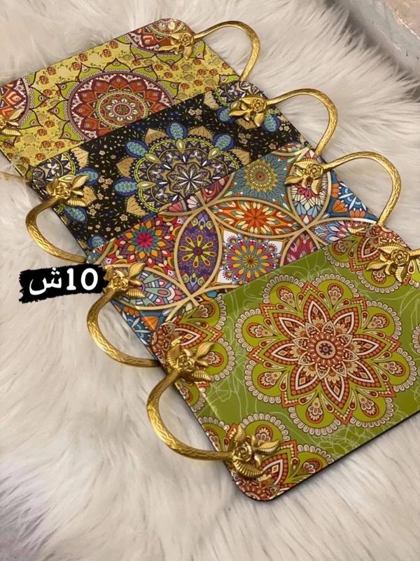 صينية تقديم مزخرفة بنقوش ماندالا مع مقابض ذهبية - أدوات منزلية - سوق غزة