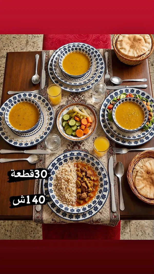 طقم سفرة وأواني طعام مزخرفة - 30 قطعة - أدوات منزلية - سوق غزة