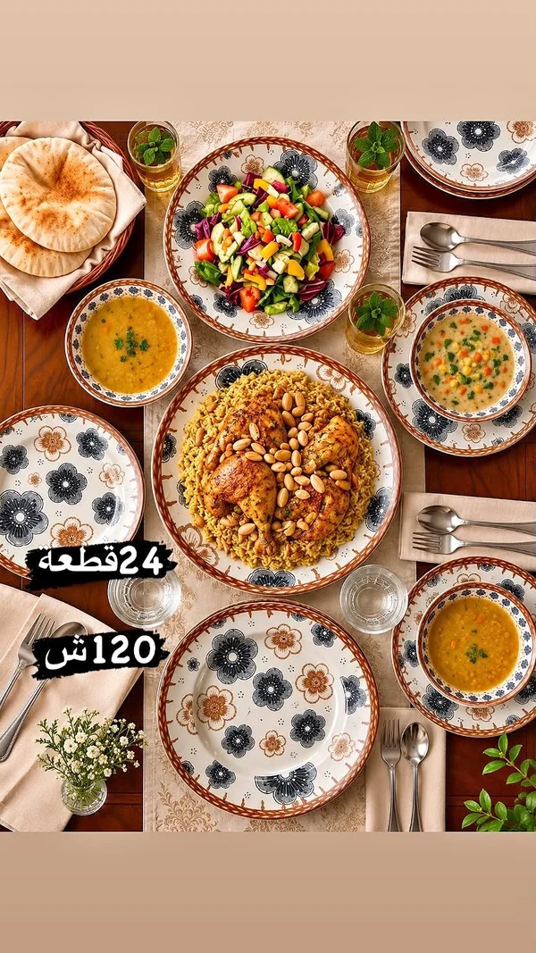 طقم أطباق وأدوات مائدة سيراميك مزخرف - 24 قطعة - أدوات منزلية - سوق غزة