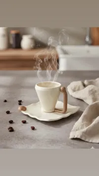 مج سيراميك أبيض بمقبض خشبي