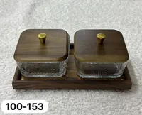 طقم سكريات زجاجي مع غطاء خشبي