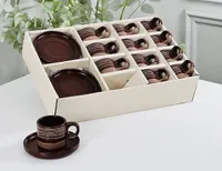 طقم فناجين قهوة مع صحون - تصميم بني وذهبي