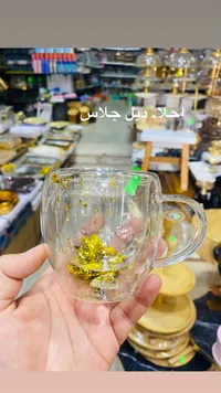 كوب زجاجي مزدوج الجدار مع رقائق ذهبية