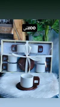 طقم فناجين قهوة سيراميك مع قواعد خشبية - سوق غزة