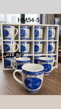 طقم أكواب سيراميك بنقوش زرقاء موديل HM54-5 - سوق غزة