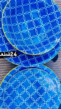 طقم صحون سفرة أزرق بنقشة دوائر - 24 قطعة