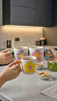 طقم أكواب سيراميك بتصميم الزهور الملونة