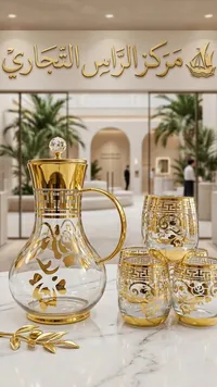 طقم إبريق وكاسات بتصميم ذهبي