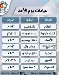 جدول عيادات يوم الأحد - مجمع الرازي الطبي