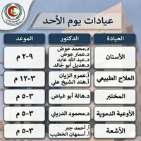 جدول عيادات يوم الأحد - مجمع الرازي الصحي