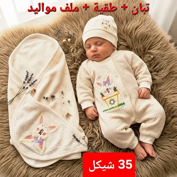 طقم مستلزمات مواليد - تبان وطاقية وملف - مواليد - سوق غزة