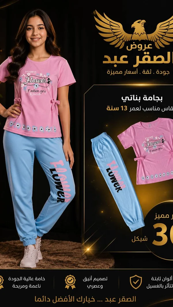 بجامة بناتي بتصميم فلاور - عروض الصقر عبد - ملابس أطفال - سوق غزة