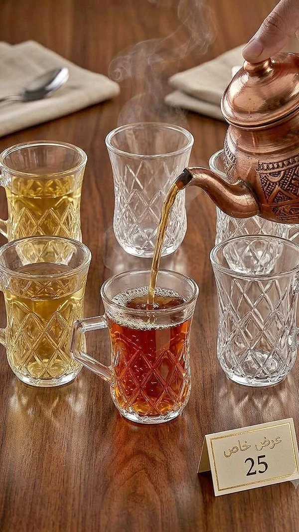 طقم أكواب شاي زجاجية بنقشة معينة - أدوات منزلية - سوق غزة